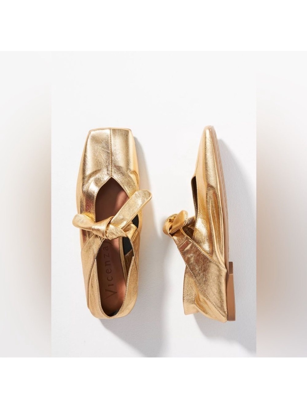 Anthropologie Vicenza Bow Mary Jane Ballet Flats Gold Square Toe